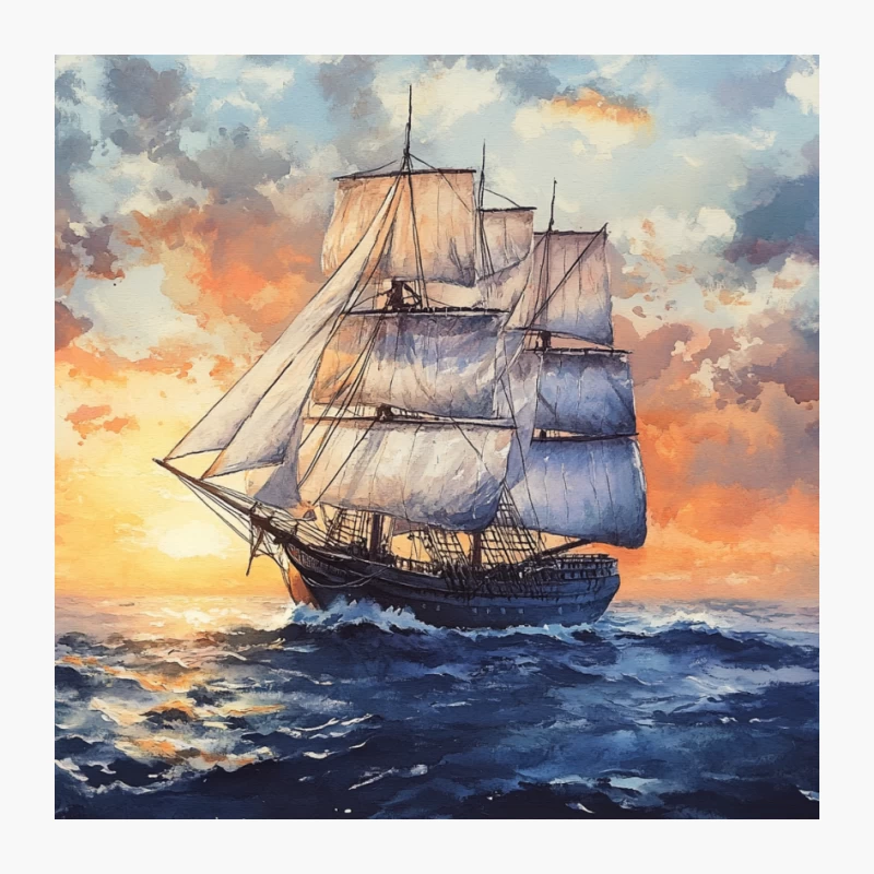Majestic Sailing Ship Navigating Stormy Seas at Sunset Pin