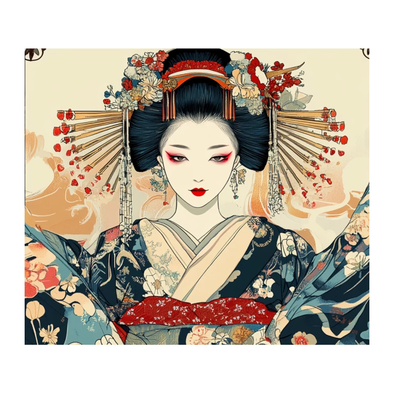 Ornate Geisha Portrait in Traditional Japanese Art Style Tapestry