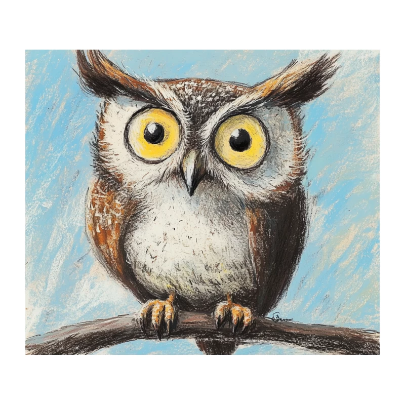 Cute Wide-Eyed Owl Pastel Drawing Tapestry