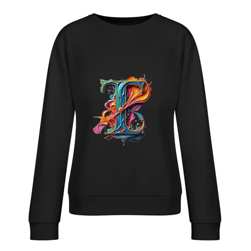 Ornate Colorful Letter T Typography with Decorative Flourishes Female Pullover Sweatshirt