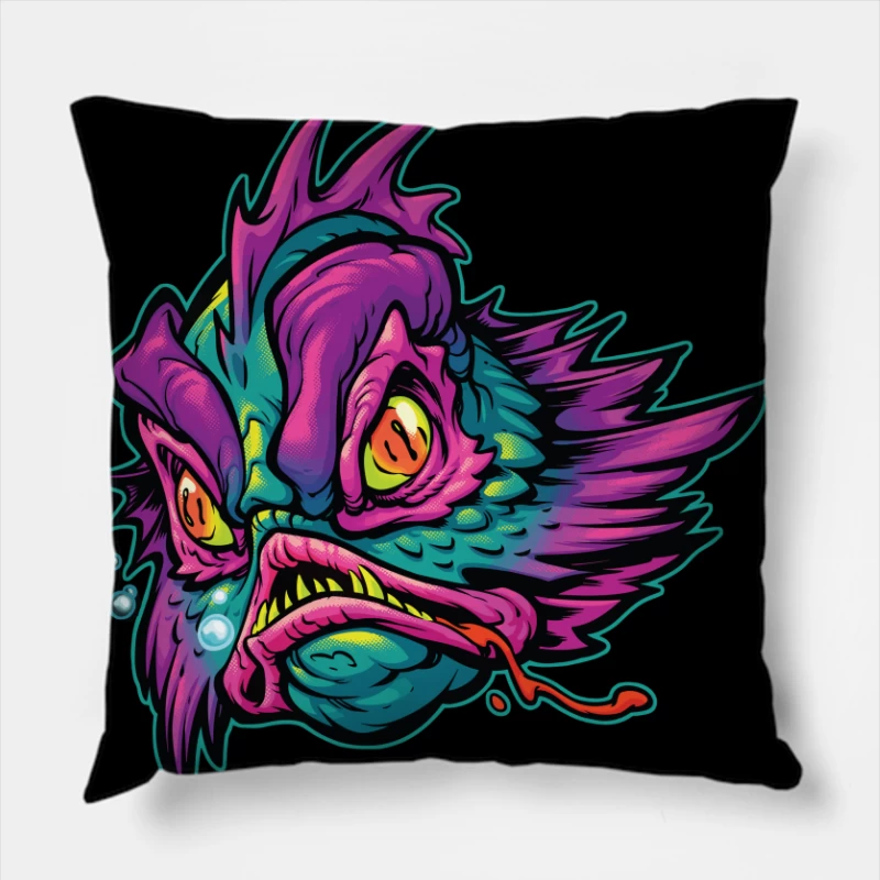 Grotesque Colorful Fish Monster Illustration Throw Pillow