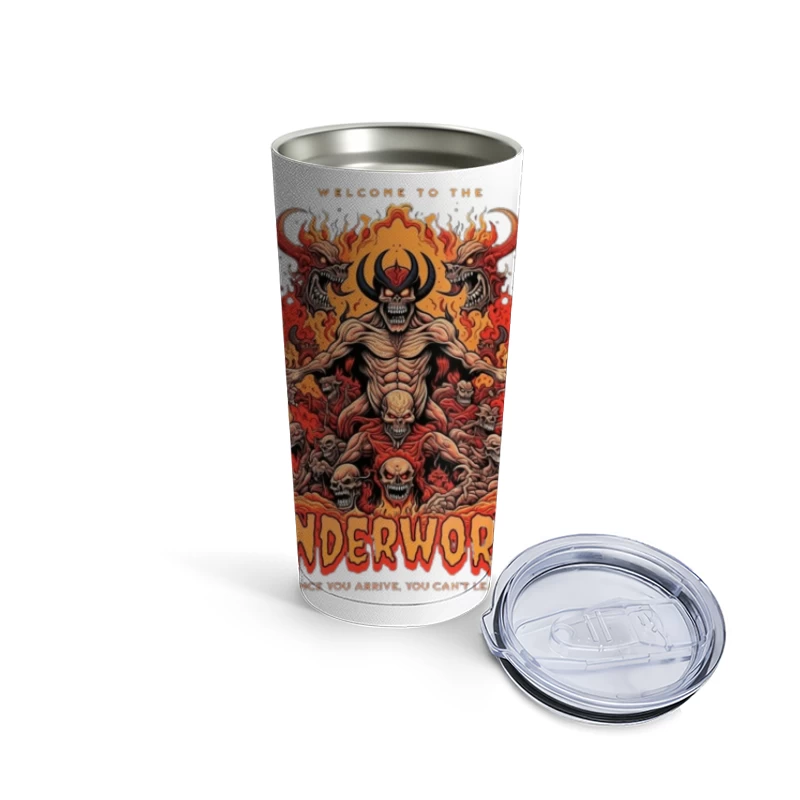 Welcome to the Underworld: Demonic Horror Art with Flaming Skulls Travel Mug