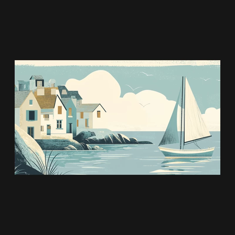 Tranquil Coastal Village with Sailboat: Illustrated Summer Seascape Desk Mat