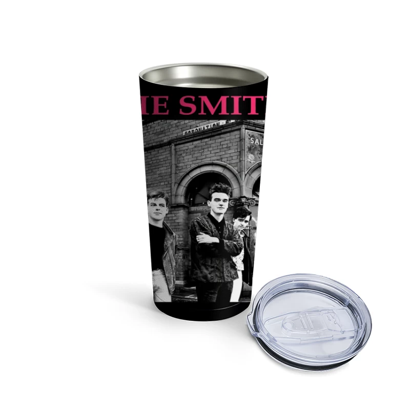 The Smiths Band Outside Historic Salford Lads Club - Iconic Black and White Photograph Travel Mug