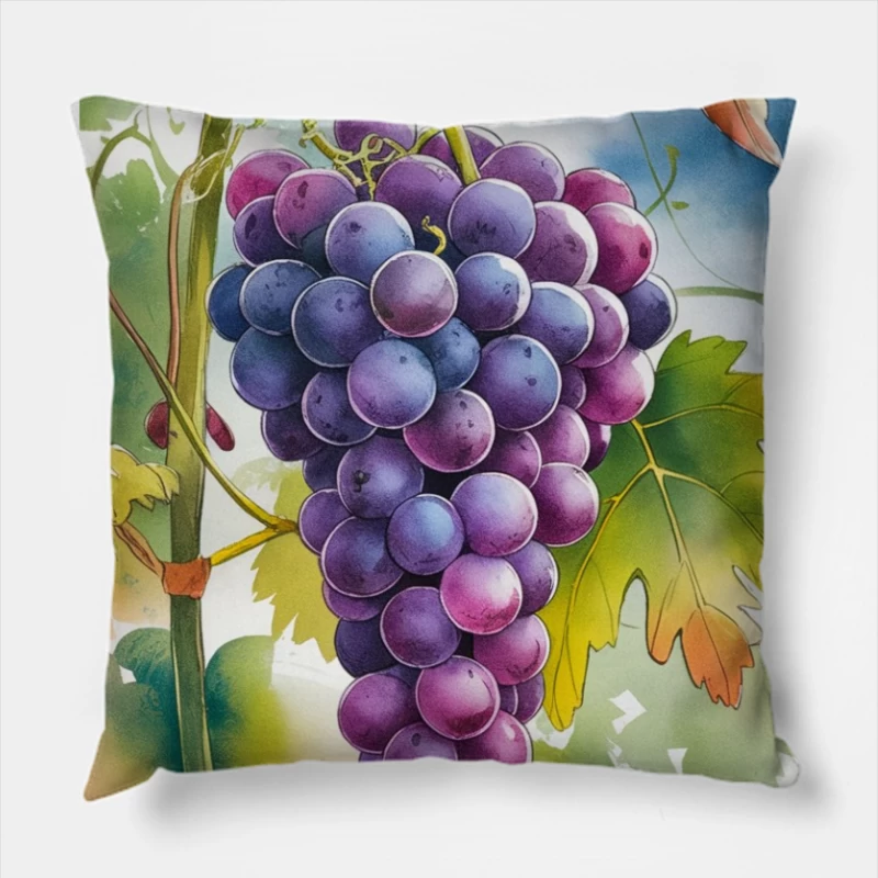 Vibrant Grape Cluster: Autumn Vineyard Illustration Throw Pillow