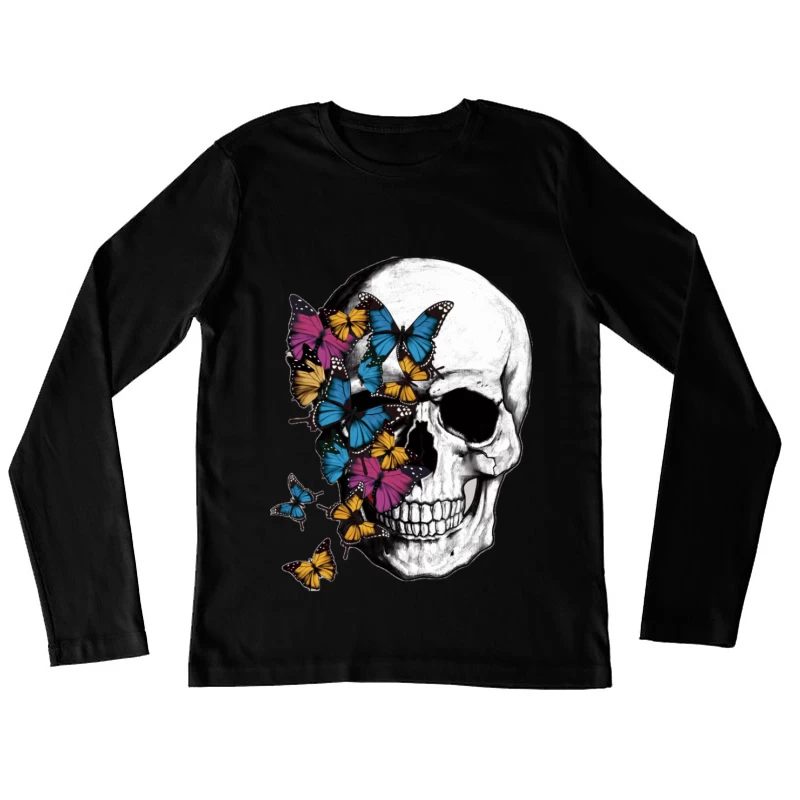 Schädel mit bunten Schmetterlingen Damen Langarm T-Shirt