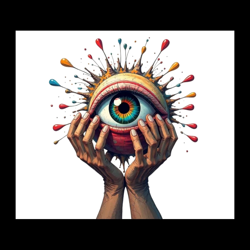 Mystical Eye Embraced by Reaching Hands with Colorful Splatter Tapestry