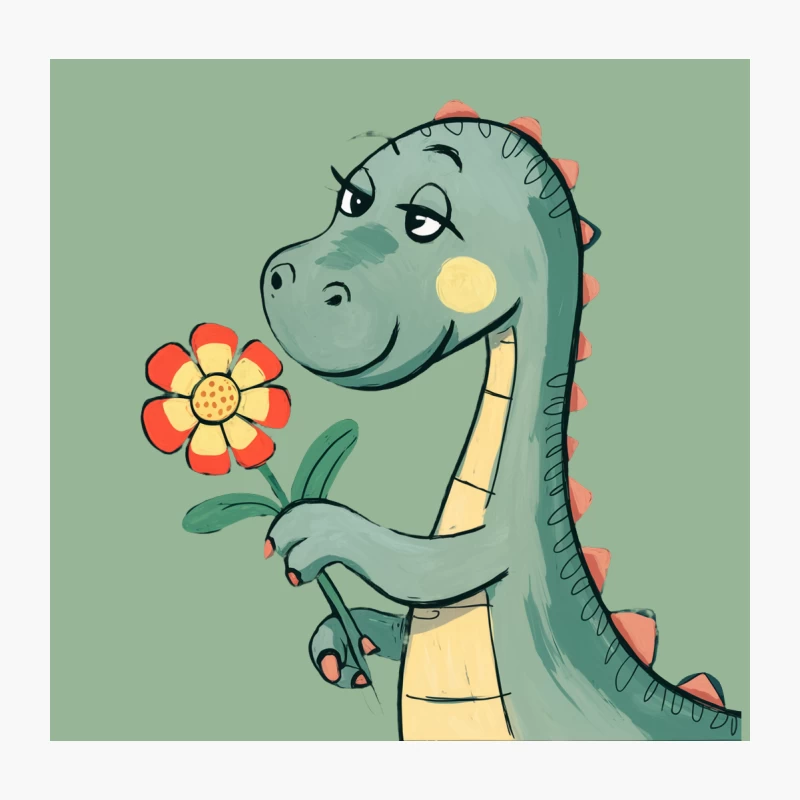 Cute Green Cartoon Dinosaur Holding a Flower Throw Pillow