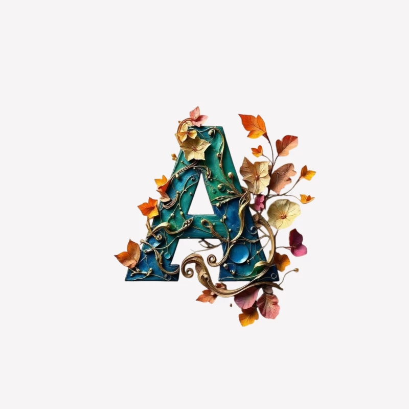 Ornate Teal Letter A with Autumn Floral Embellishments Male T-Shirt