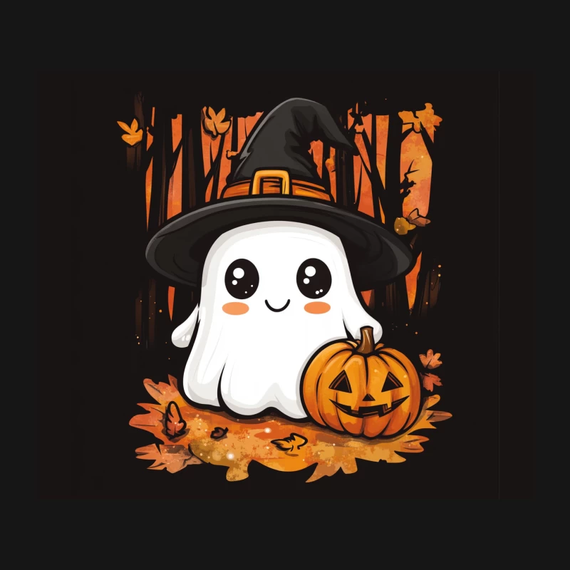 Cute Halloween Ghost with Pumpkin and Witch Hat in Autumn Scene Mouse Pad