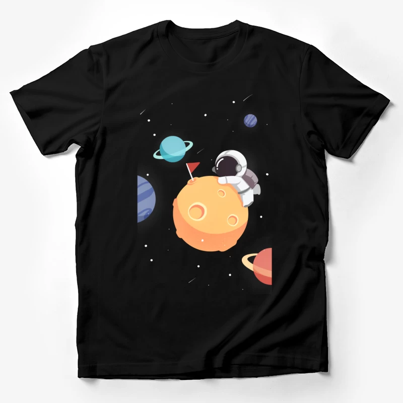 Astronaut auf Planeten mit bunten Planeten im Weltraum Herren T-Shirt