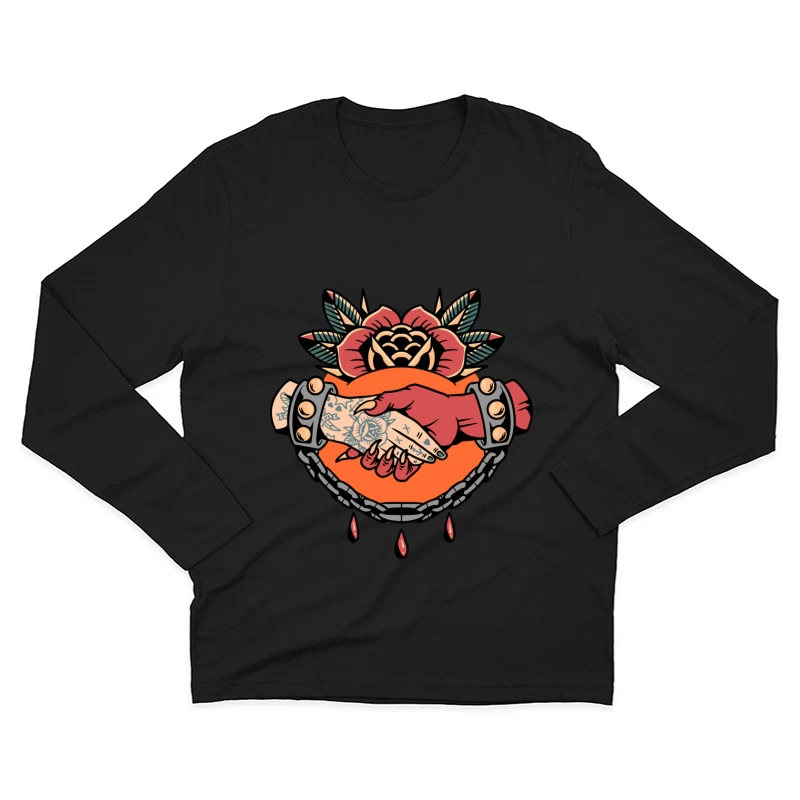 Symbolic Handshake Artwork with Floral and Chain Elements Male Long Sleeve T-Shirt