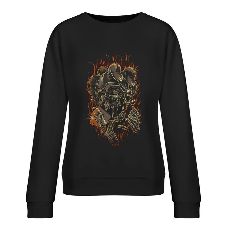 Skull Jester with Playing Cards and Flames Female Pullover Sweatshirt