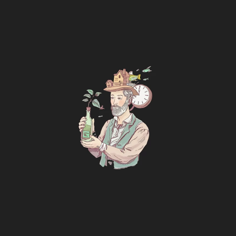 Whimsical Illustration of Bearded Man with Surreal House Hat Bucket Hat