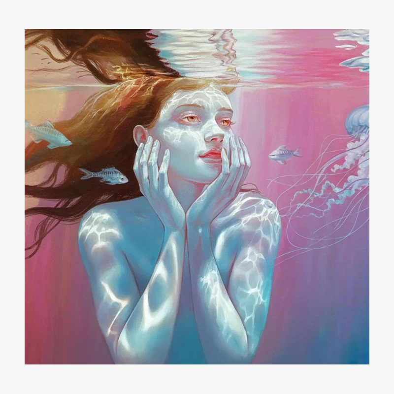 Ethereal Underwater Fantasy: Surreal Painting of Woman and Jellyfish Throw Pillow