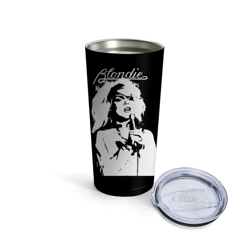 Artistic Line Drawing of Blondie Band Logo and Singer Travel Mug