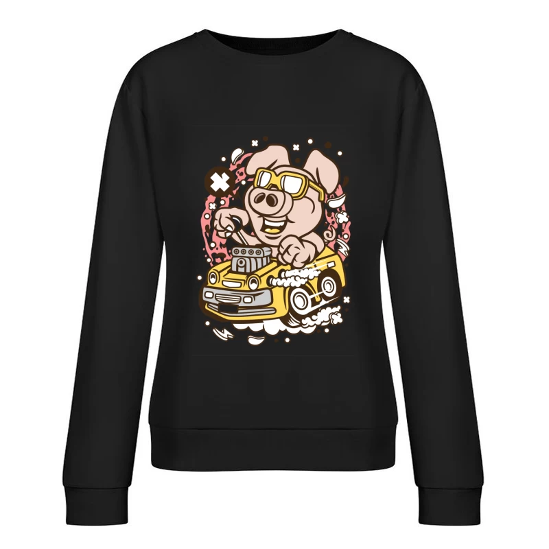 Cochon joyeux conduisant une voiture Femme Sweat-shirt à enfiler