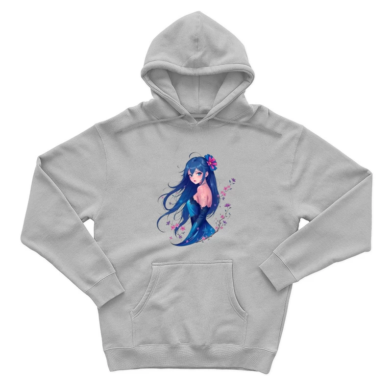 Elegant Anime Girl with Blue Hair and Floral Accents in Evening Dress Male Pullover Hoodie