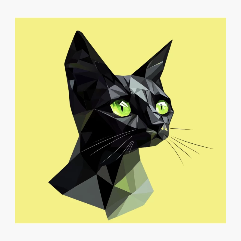 Geometric Black Cat with Green Eyes: Modern Digital Art Throw Pillow