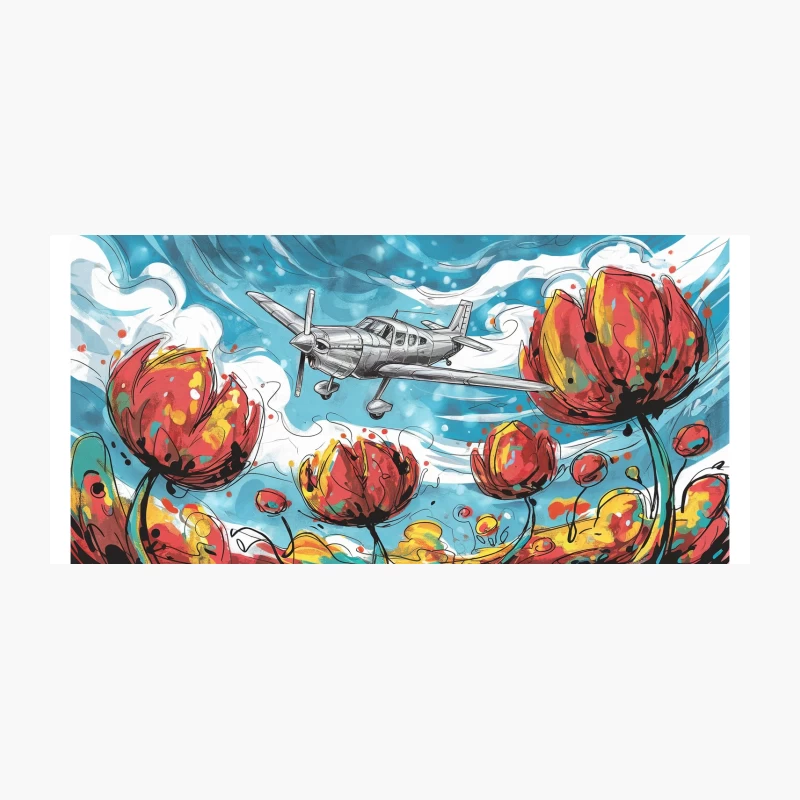 Surreal Airplane Flight Over Vibrant Floral Landscape Coffee Mug