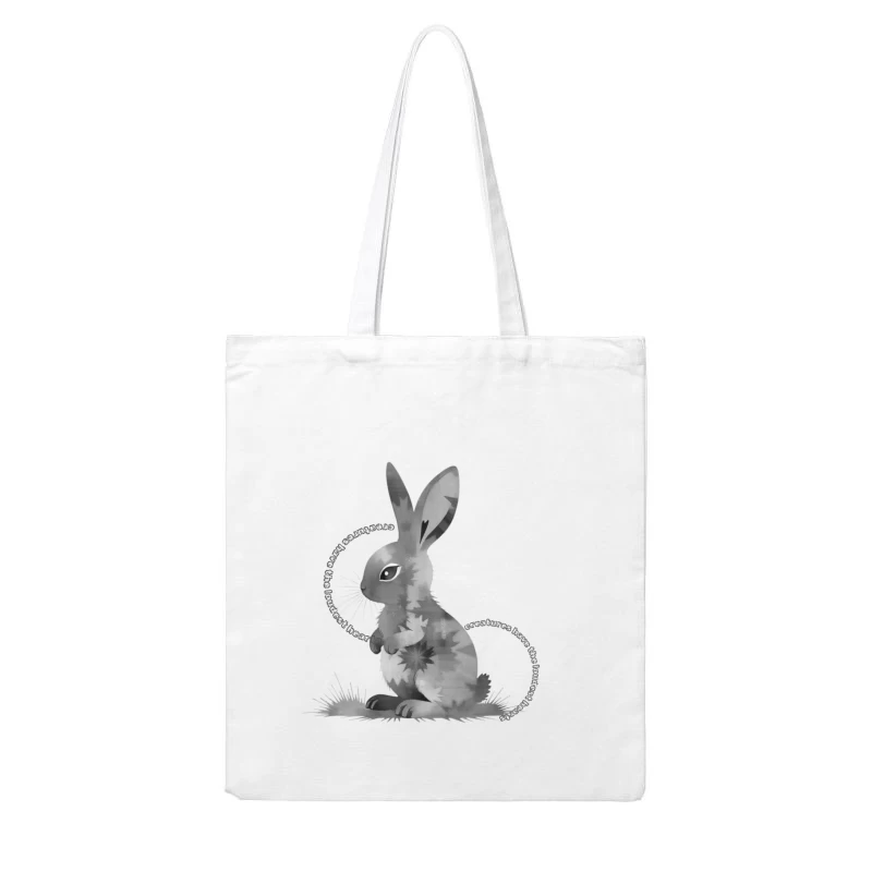 Grayscale Digital Art Illustration of a Sitting Rabbit Cotton Tote Bag