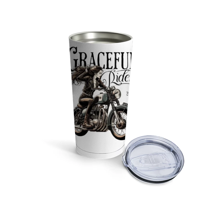 Graceful Riders: Vintage Motorcycle Art with Female Motorcyclist Travel Mug