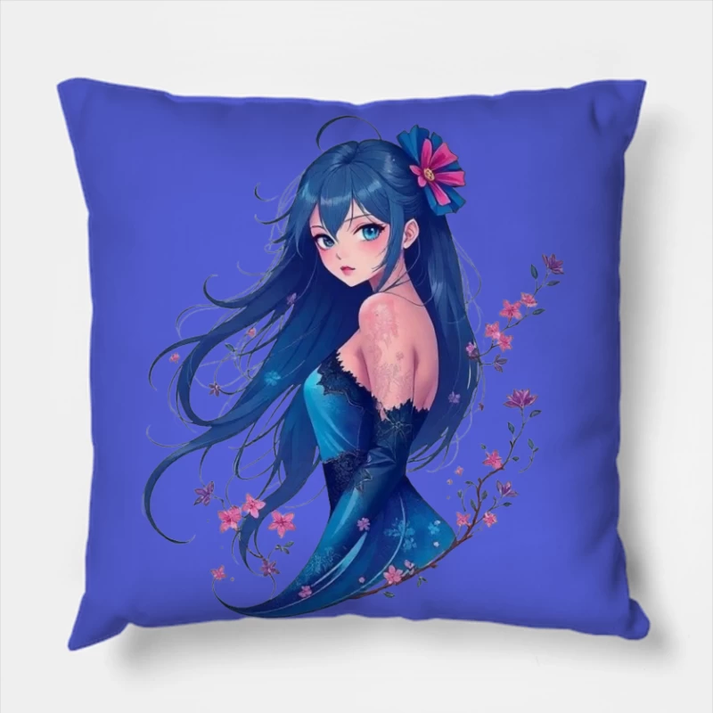 Elegant Anime Girl with Blue Hair and Floral Accents in Evening Dress Throw Pillow