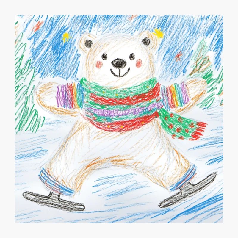 Cheerful Ice Skating Polar Bear in Colorful Winter Attire - Children's Crayon Drawing Pin