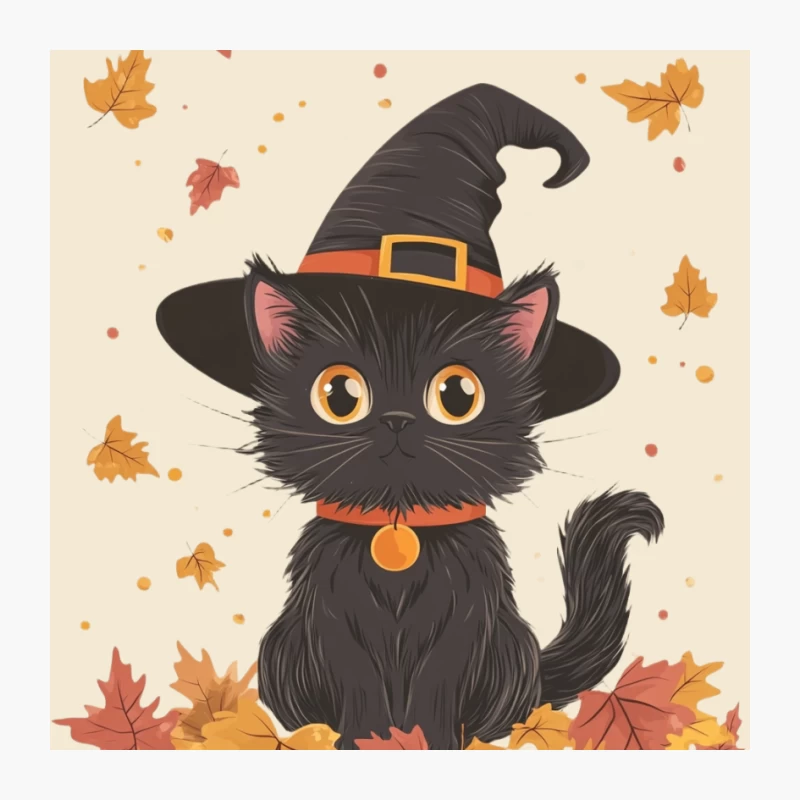 Adorable Halloween Kitten with Witch Hat Amidst Autumn Leaves Pin