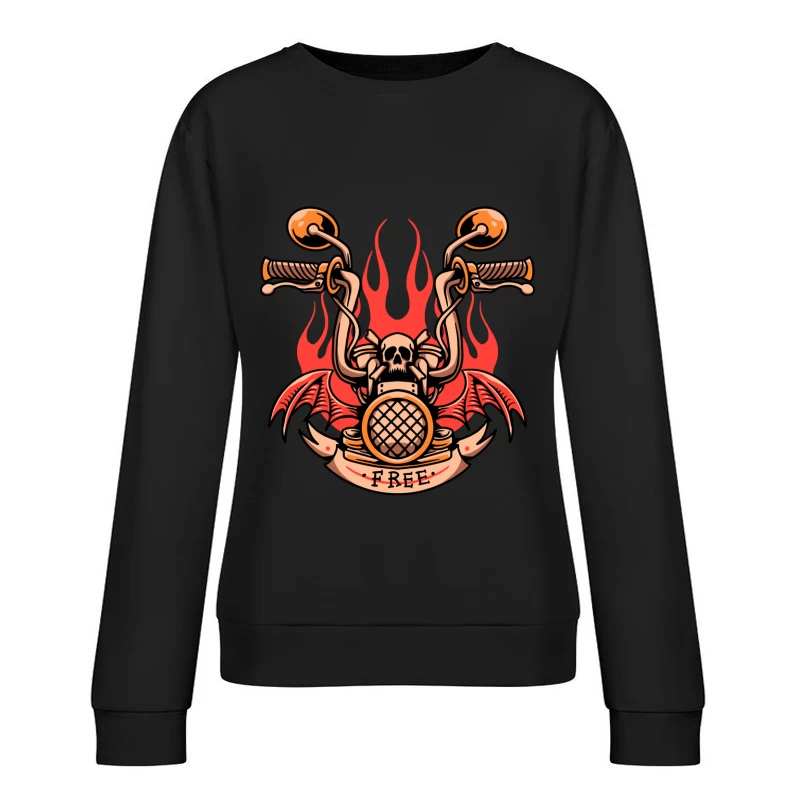 Skull and Flames Motorcycle Emblem Female Pullover Sweatshirt