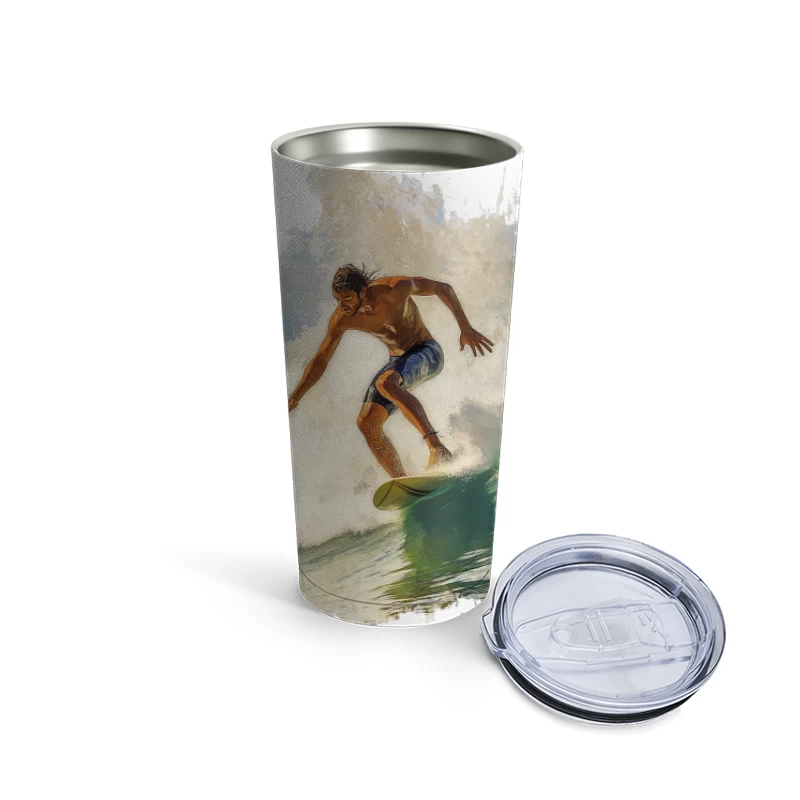 Dynamic Watercolor Surfer Riding Turquoise Wave Travel Mug