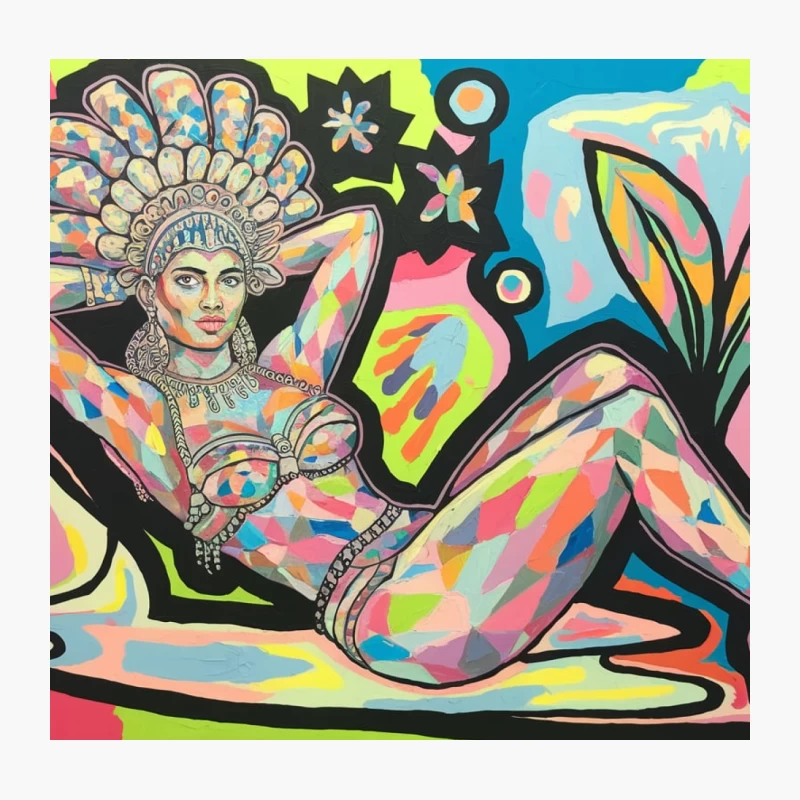 Vibrant Abstract Figure with Headdress in Pop Art Style Throw Pillow