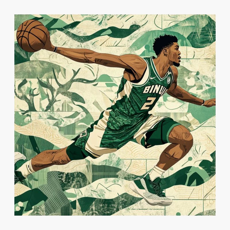 Dynamic Illustration of Milwaukee Bucks Basketball Player in Action Pin