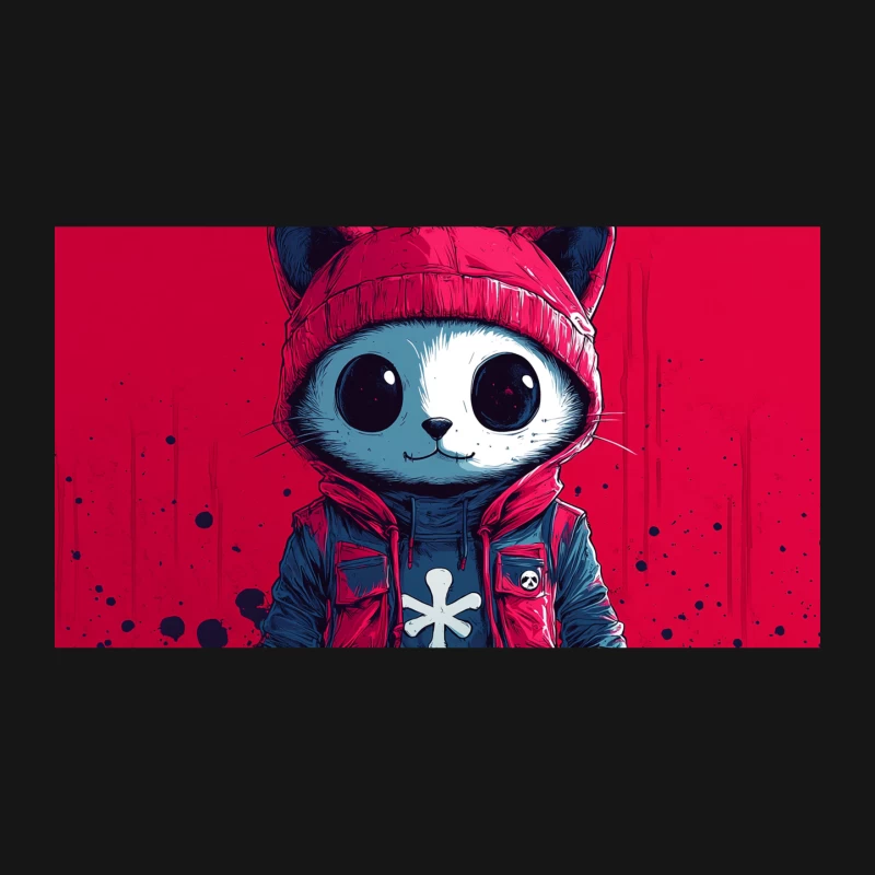 Adorable Cartoon Cat in Winter Gear on Vibrant Red Background Desk Mat