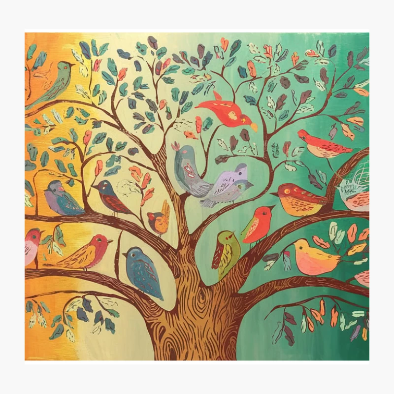 Vibrant Tree of Life with Seasonal Birds Throw Pillow