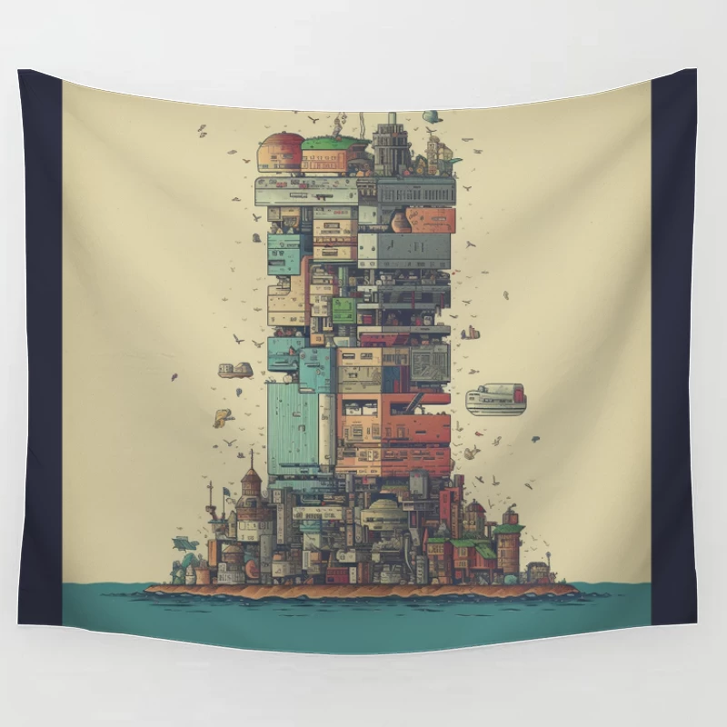 Retro-Futuristic Vertical City Island Tapestry