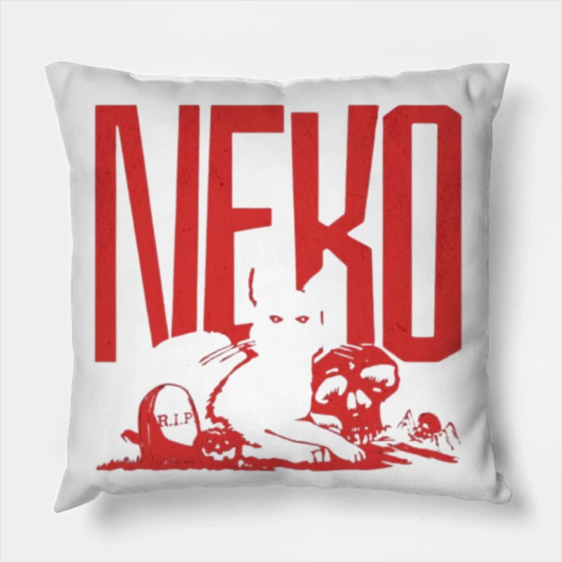 Gothic Red Cat with Skulls and Tombstones Throw Pillow