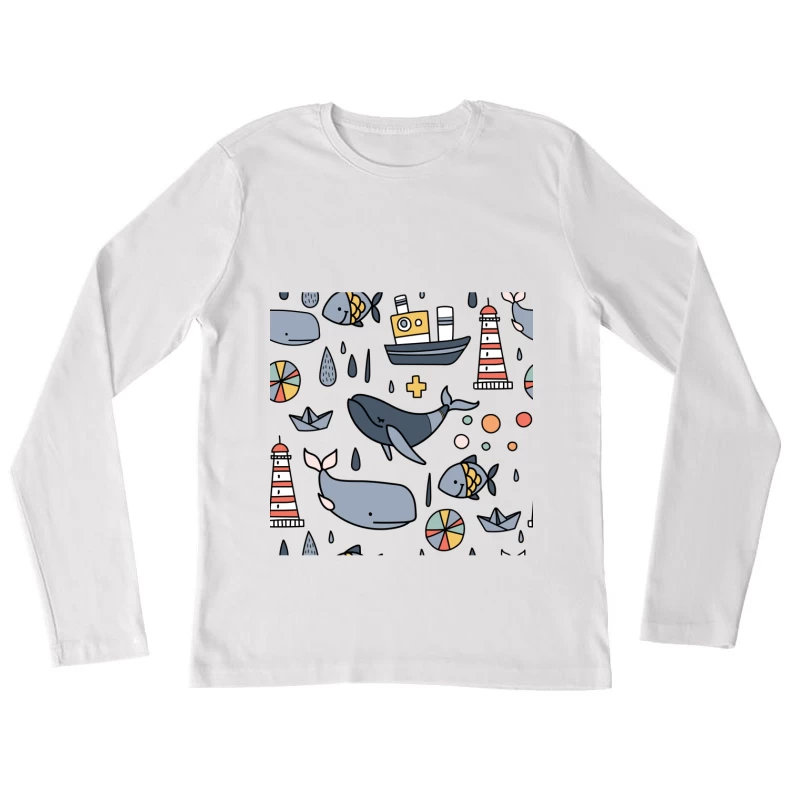 Scène marine ludique avec baleines et phare Femme Manches Longues T-Shirt