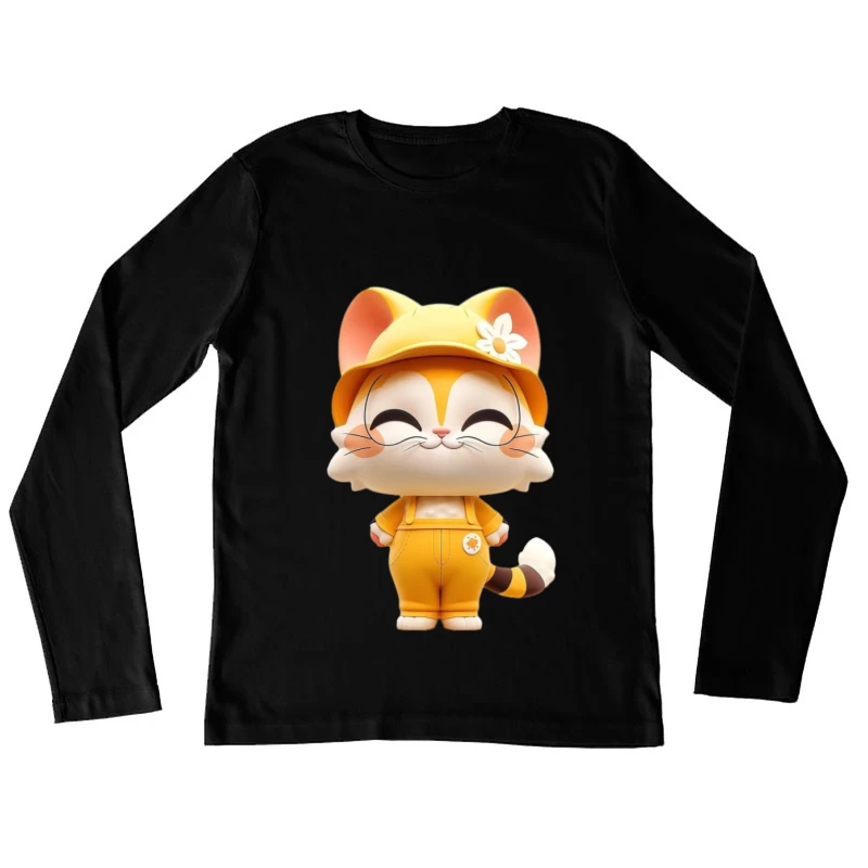 Fröhliche Cartoon-Katze in gelbem Outfit Damen Langarm T-Shirt