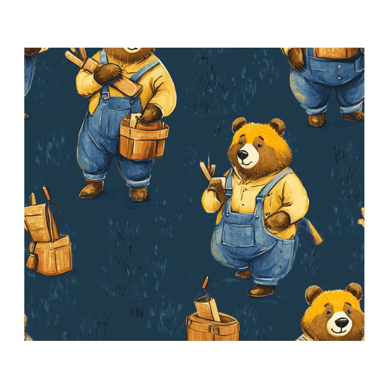Cute Carpenter Bears: A Whimsical Woodworking Pattern Tapestry