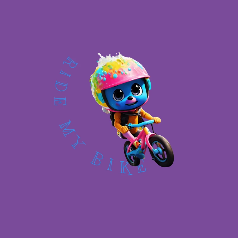 Cute Blue Animated Character Riding Colorful Bike with Safety Helmet Female T-Shirt