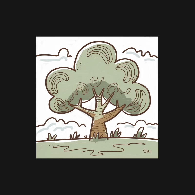 Stylized Green Tree Cartoon Illustration Female Long Sleeve T-Shirt