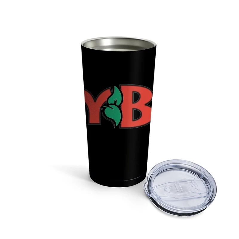 Soyboy Brand Logo with Red Letters and Green Leaf Design Travel Mug