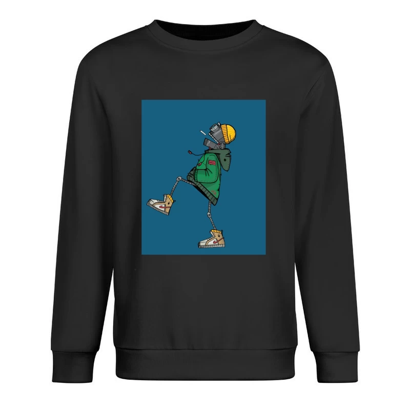 Stylish Robot in Green Jacket and Sneakers Male Pullover Sweatshirt