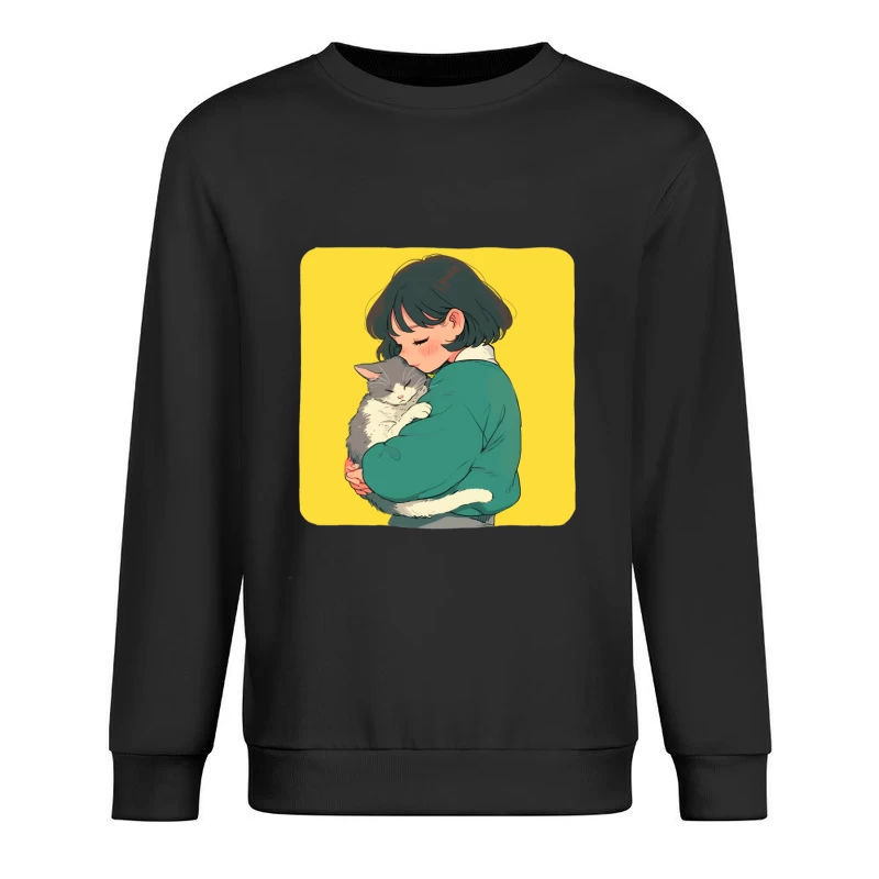 Gentle Embrace: Girl in Green Cuddling Gray Cat Male Pullover Sweatshirt