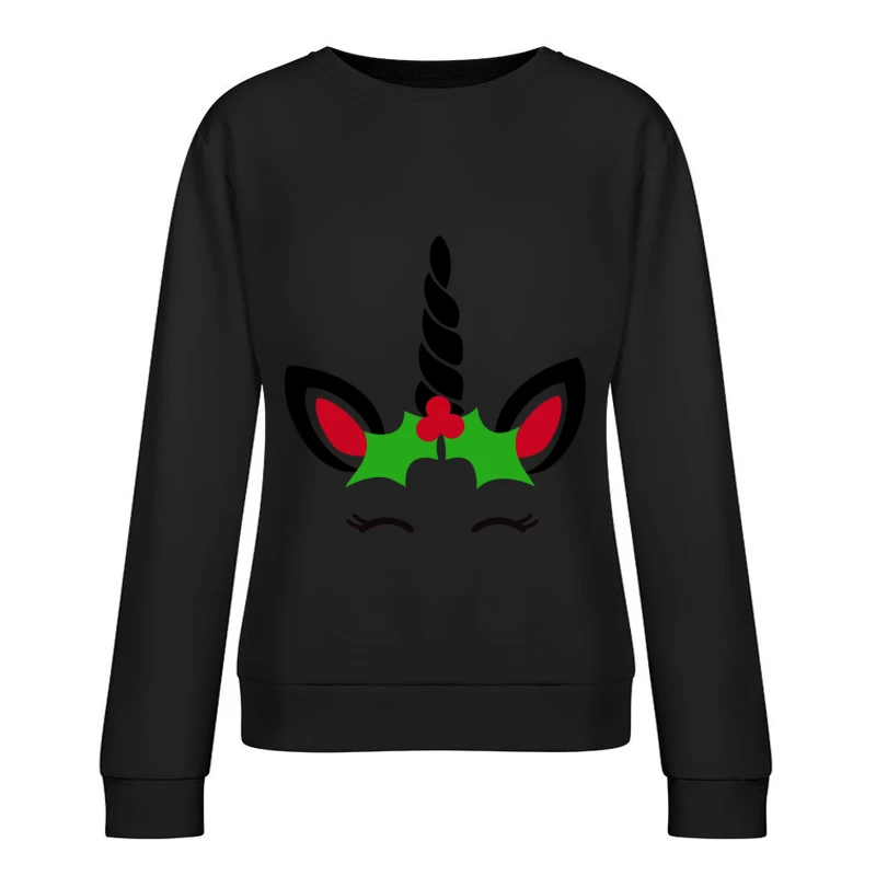 Corne de Licorne Festive avec Feuilles de Houx et Cils Femme Sweat-shirt à enfiler