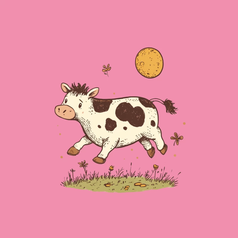 Cute Cartoon Cow Frolicking Under the Moon Female T-Shirt