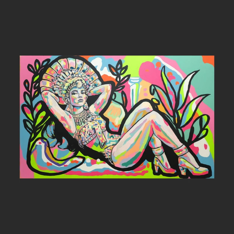 Vibrant Pop Art Painting of Reclining Figure with Tropical Motif Baseball Cap