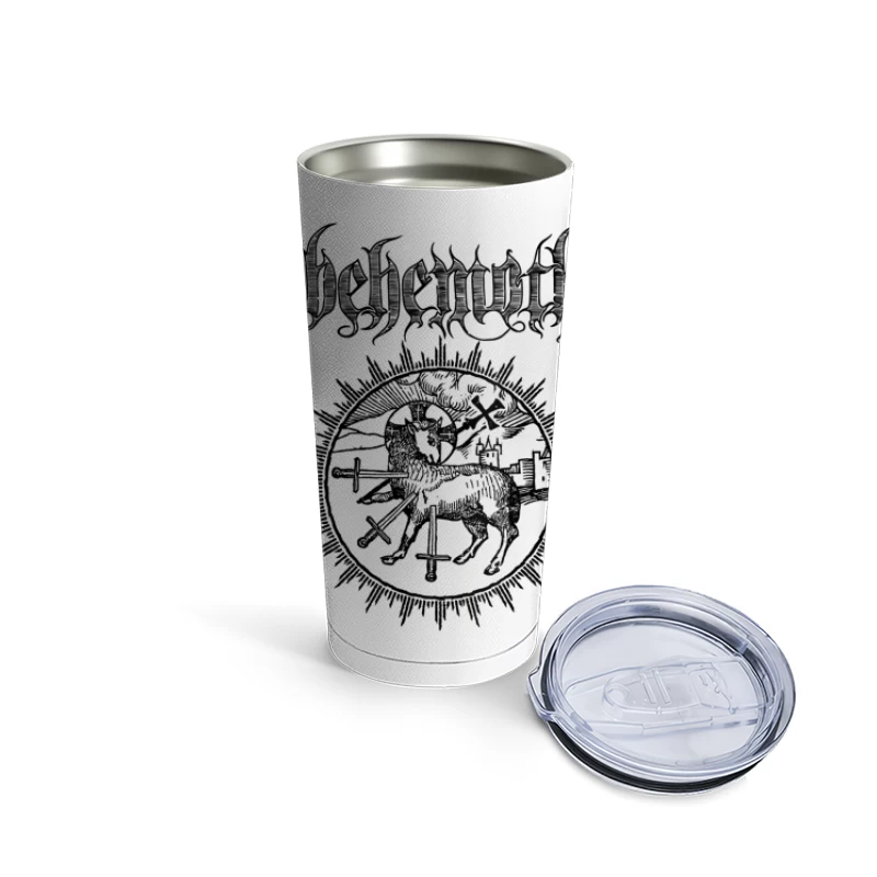 Occult Black Metal Logo with Medieval Lamb and Swords Travel Mug