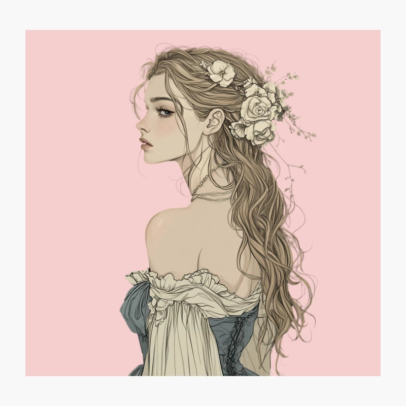 Romantic Vintage-Style Illustration of Woman with Floral Hair Adornment Throw Pillow